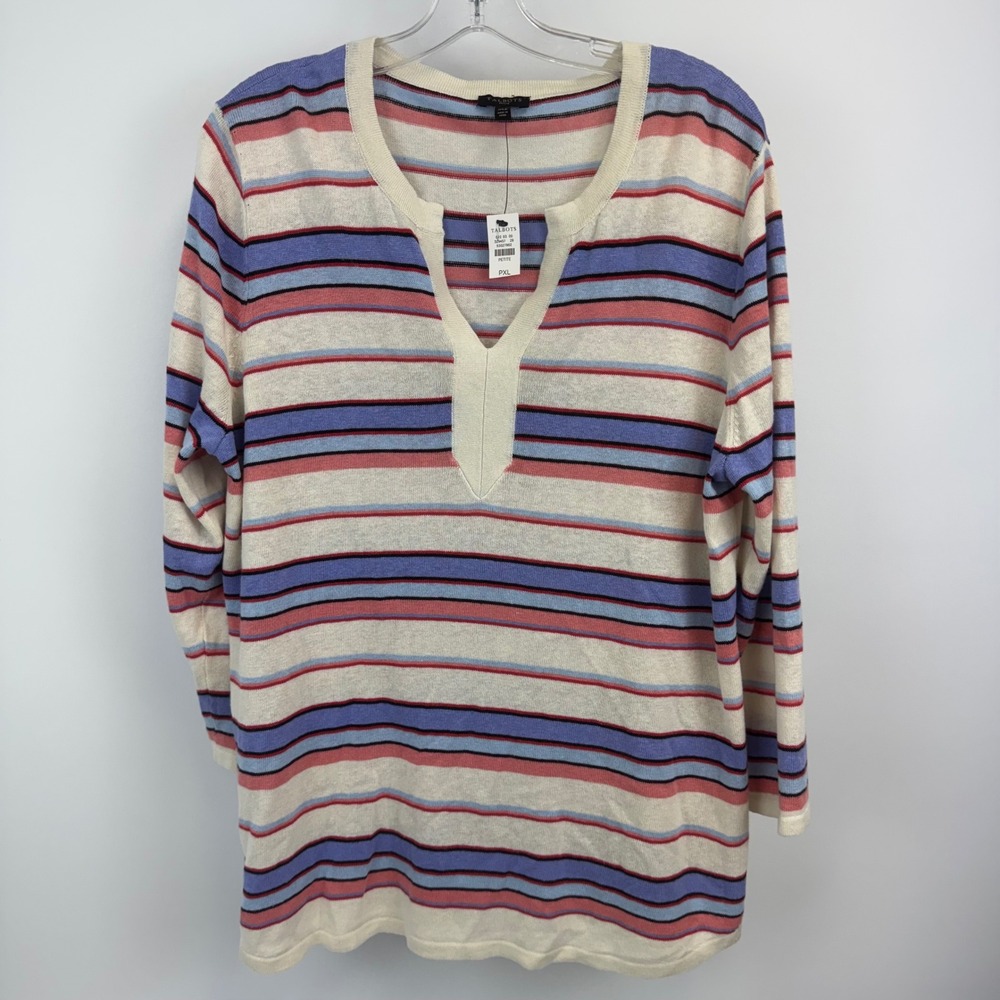 Talbots Petite XL Striped Split Neck Linen Blend Top Blue Pink‎ Cream NWT PXL
